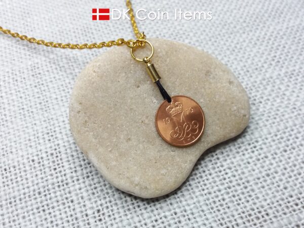 Denmark 1979 coin necklace with 45 year old Crown M initial 5 ore as coin pendant. 45th birthday gift. Danish vintage souvenir