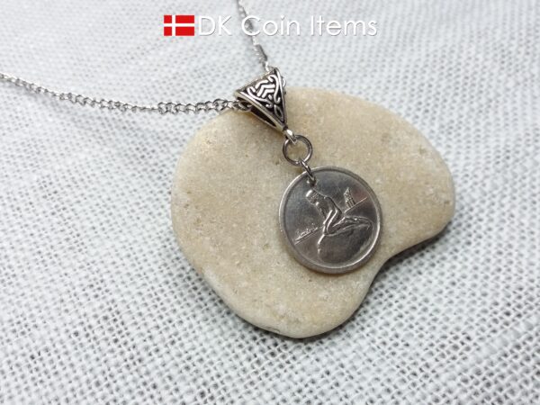 Denmark Little Mermaid coin necklace with a Copenhagen vintage 1966-1967 token showing The Danish Little Mermaid statue/sculpture