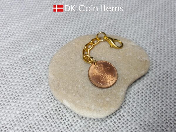 Denmark 1973 coin necklace with a 51 year old Danish Crown M initial 5 ore as coin pendant. Danish vintage souvenir