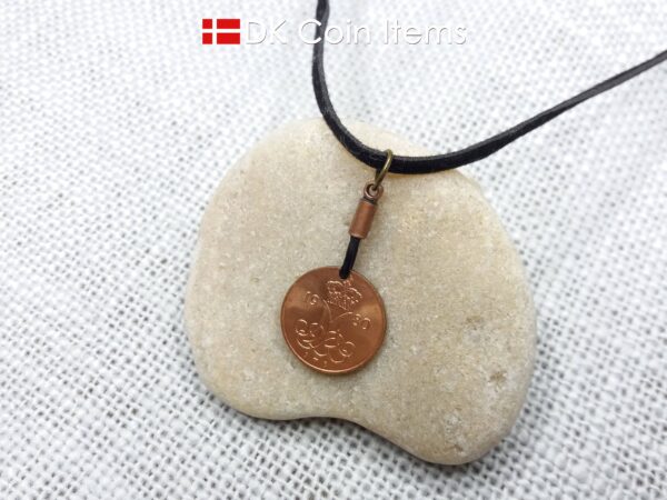 Denmark 1980 coin necklace with 44 year old Crown M initial 5 ore as coin pendant. 44th birthday gift. Danish vintage souvenir