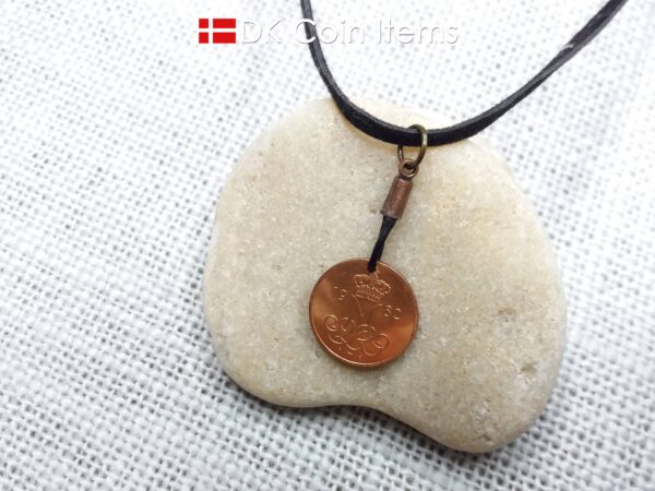 Denmark 1982 coin necklace with 42 year old Crown M initial 5 ore as coin pendant. 42nd birthday gift. Danish vintage souvenir