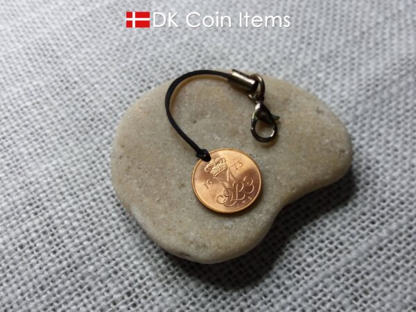 Denmark 1973 coin charm with 51 year old Crown M initial 5 ore as coin pendant. Danish vintage souvenir