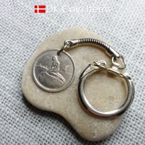 Denmark Little Mermaid coin pendant keychain with a Copenhagen vintage 1966-1967 token showing The Danish Little Mermaid statue/sculpture