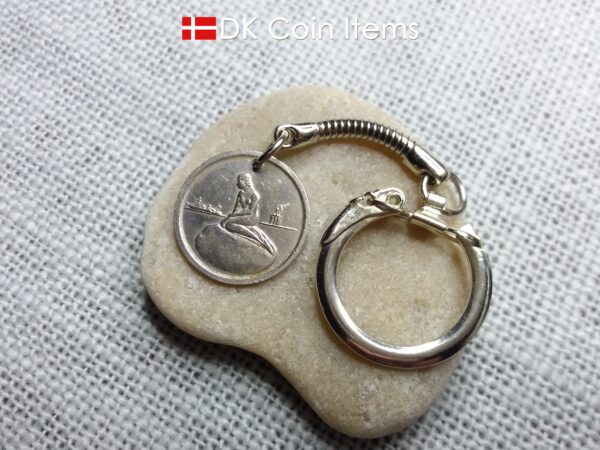 Denmark Little Mermaid coin pendant keychain with a Copenhagen vintage 1966-1967 token showing The Danish Little Mermaid statue/sculpture