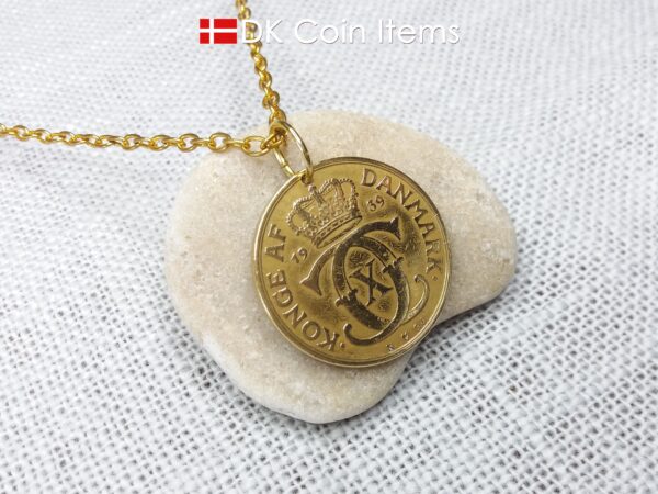 Denmark 1939 coin necklace. 85 year old golden initial C coin pendant with Danish Royal Crown 2 krone. 85th birthday gift. Antique souvenir