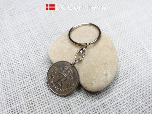 Denmark 1953 coin keychain with 71 year old Crown R initial 25 ore as coin pendant