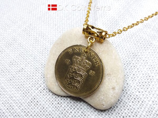 Denmark 1957 coin necklace with 67 year old golden Coat of Arms coin pendant with Royal Crown 2 krone. 67th birthday gift. Vintage souvenir