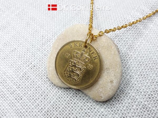 Denmark 1957 coin necklace. 67 year old golden Coat of Arms coin pendant with Royal Crown 2 kroner. 67th birthday gift. Vintage souvenir