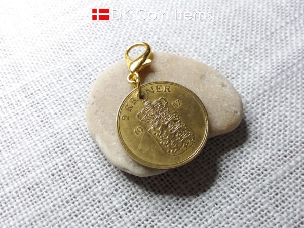 Denmark 1957 coin charm. 67 year old golden Coat of Arms with Royal Crown 2 kroner coin pendant. 67th birthday gift. Vintage souvenir