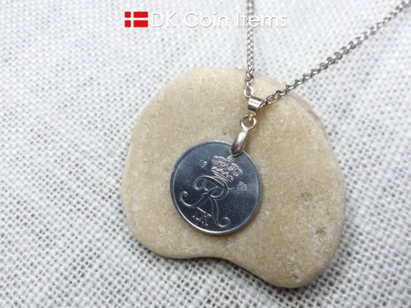 Denmark 1971 coin necklace. Crown R initial on 53 year old 2 ore as coin pendant. 53rd birthday gift. Danish vintage souvenir