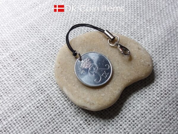 Denmark 1971 coin charm with 53 year old Crown R initial 2 ore as coin pendant. 53rd birthday gift. Danish vintage souvenir