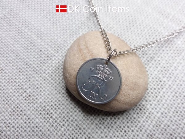 Denmark 1969 coin necklace with 55 year old Crown R initial 2 ore as coin pendant. 55th birthday gift. Danish vintage souvenir