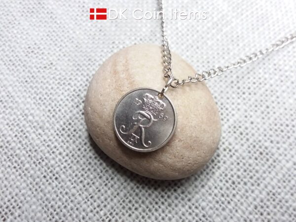 Denmark 1969 coin necklace with 55 year old Crown R initial 10 ore as coin pendant. 55th birthday gift. Danish vintage souvenir