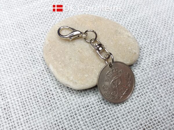 Denmark 1953 coin charm with 71 year old Crown R initial 25 ore as coin pendant