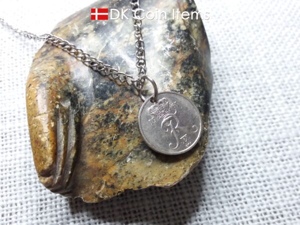 Denmark 1961 coin necklace with 63 year old Crown R initial 10 ore as coin pendant. 63rd birthday gift. Danish vintage souvenir