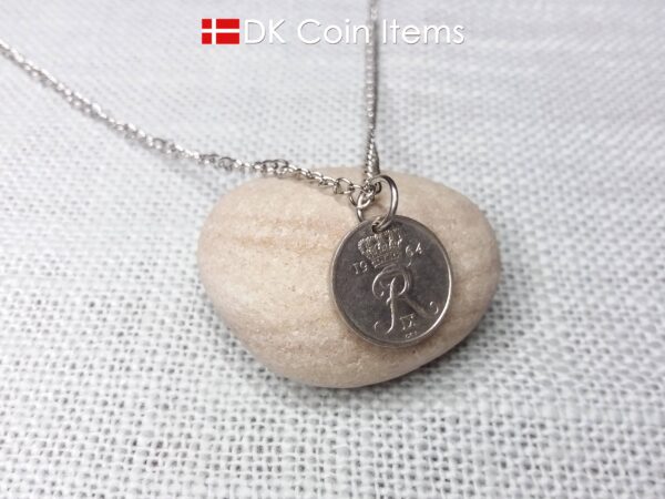 Denmark 1964 coin necklace with 60 year old Crown R initial 10 ore as coin pendant. 60th birthday gift. Danish vintage souvenir