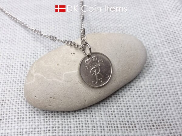 Denmark 1966 coin necklace with 58 year old Crown R initial 10 ore as coin pendant. 58th birthday gift. Danish vintage souvenir