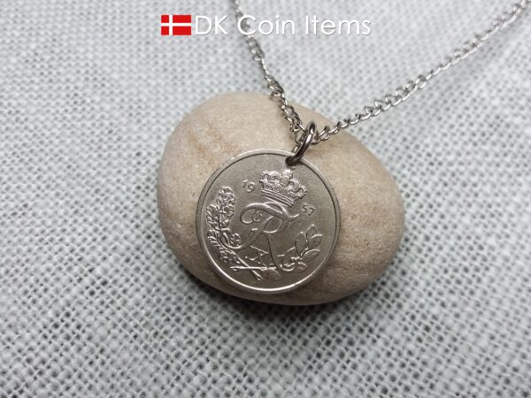 Denmark 1957 coin necklace with 67 year old Crown R initial 25 ore as coin pendant. 67th birthday gift. Danish vintage souvenir