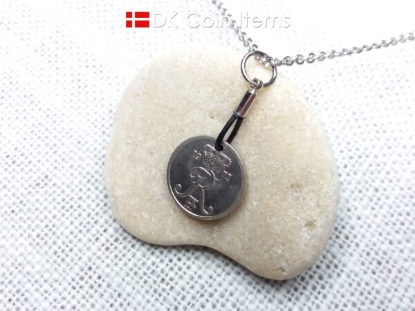 Denmark 1971 coin necklace with 53 year old Crown R initial 10 ore as coin pendant. 53rd birthday gift. Danish vintage souvenir