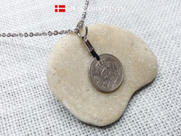 Denmark 1950 coin necklace with 74 year old Crown R initial 10 ore as coin pendant. 74th birthday gift. Danish vintage souvenir