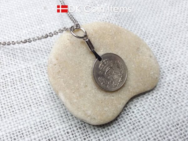 Denmark 1951 coin necklace with 73 year old Crown R initial 10 ore as coin pendant. 73rd birthday gift. Danish vintage souvenir