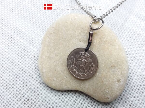 Denmark 1952 coin necklace with 72 year old Crown R initial 10 ore as coin pendant. 72nd birthday gift. Danish vintage souvenir