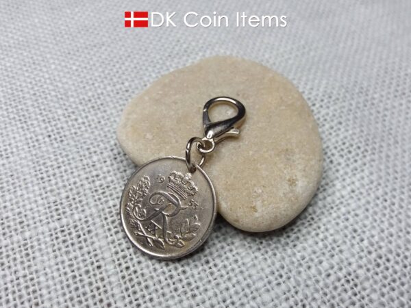 Denmark 1953 coin charm. 71 year old Danish 25 ore with Crown R initial as coin pendant