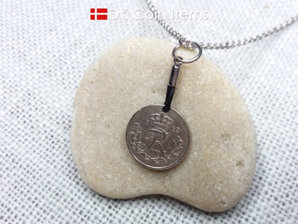 Denmark 1960 coin necklace with 64 year old Crown R initial 10 ore as coin pendant. 64th birthday gift. Danish vintage souvenir