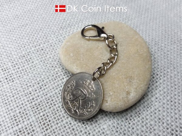 Denmark 1953 coin charm. 71 year old coin pendant. Danish 25 ore with Crown R initial