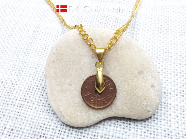 Denmark 1928 coin necklace. 96 year old coin pendant. Copper 1 ore with Crown C initial