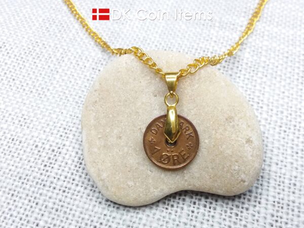 Denmark 1930 coin necklace. 94 year old coin pendant. Copper 1 ore with Crown C initial