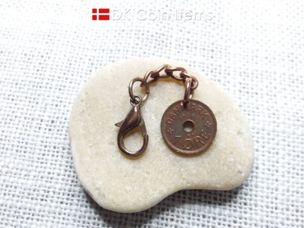 Denmark 1930 coin charm. 94 year old Crown C initial Copper 1 ore as coin pendant