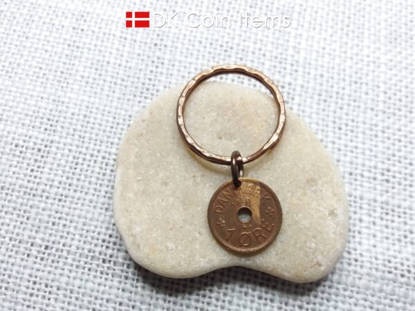 Denmark 1930 coin keychain. 94 year old Crown C initial Copper 1 ore as coin pendant