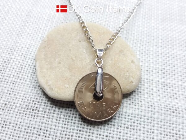 Denmark 1984 coin necklace. 40 year old coin pendant. Initial M 25 ore. Danish Crown souvenir