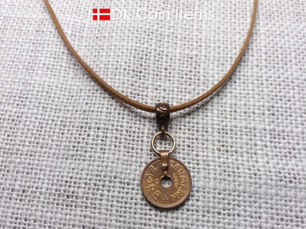 Denmark 1940 coin necklace. 84 year old Crown C initial Copper 1 ore as coin pendant