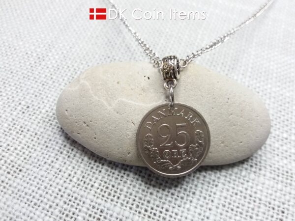 Denmark 1962 coin pendant necklace with 62 year old R initial 25 ore. 62nd birthday gift. Danish vintage souvenir gift