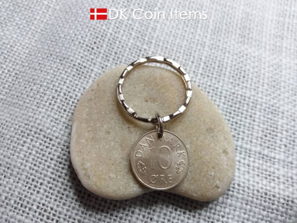 Denmark 1981 coin keychain with 43 year old M initial 10 ore as coin pendant. 43rd birthday gift. 10th anniversary gift