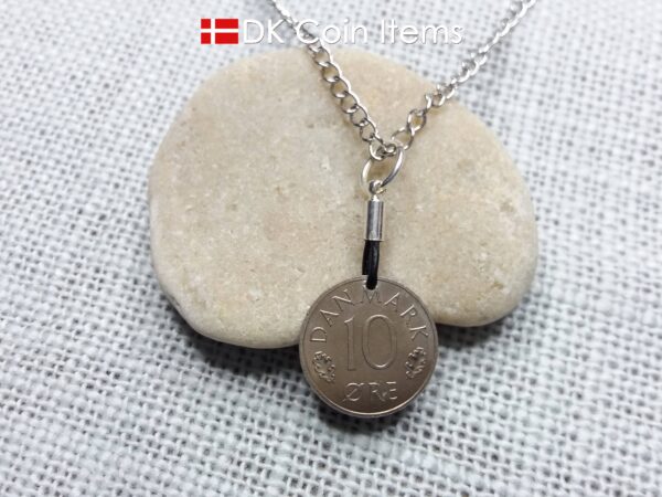 Denmark 1981 coin necklace with 43 year old M initial 10 ore as coin pendant. 43rd birthday gift. 10th anniversary gift