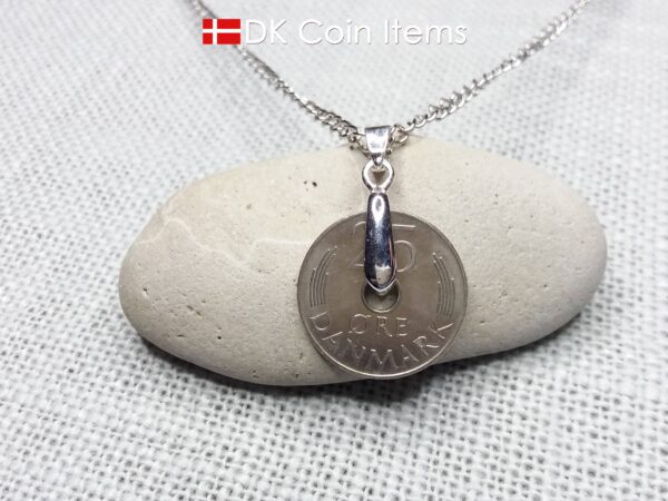 Denmark 1974 coin necklace. 50 year old coin pendant. Initial M 25 ore. Danish Crown souvenir gift