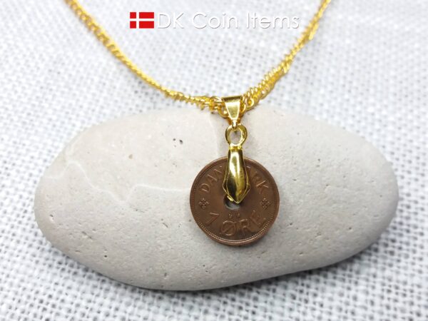 Denmark 1936 coin necklace with 88 year old Crown C initial Copper 1 ore as coin pendant