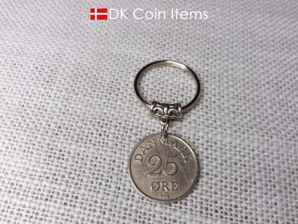 Denmark 1953 coin keychain. 71 year old coin pendant. Danish 25 ore with Crown R initial