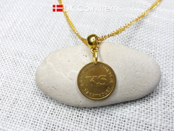 Danish coin pendant necklace with The Little Mermaid statue/sculpture on a Copenhagen vintage brass fare token from 1966-1967