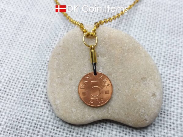 Denmark 1986 coin necklace with 38 year old Crown M initial 5 ore as coin pendant. 38th birthday gift. Danish vintage souvenir