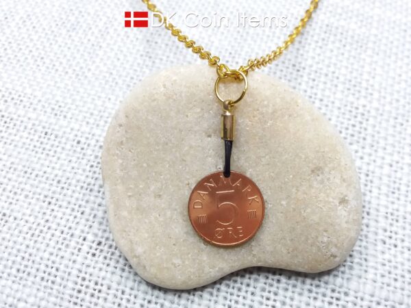 Denmark 1979 coin necklace with 45 year old Crown M initial 5 ore as coin pendant. 45th birthday gift. Danish vintage souvenir