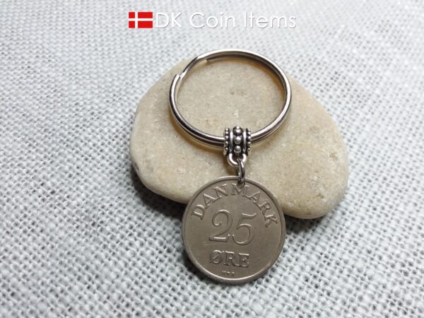 Denmark 1953 coin keychain. 71 year old Danish 25 ore with Crown R initial as coin pendant