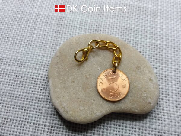 Denmark 1973 coin necklace with a 51 year old Danish Crown M initial 5 ore as coin pendant. Danish vintage souvenir