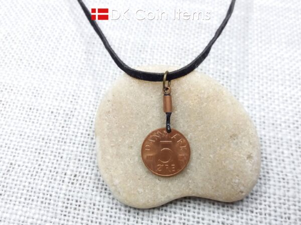 Denmark 1980 coin necklace with 44 year old Crown M initial 5 ore as coin pendant. 44th birthday gift. Danish vintage souvenir