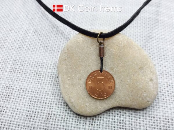 Denmark 1983 coin necklace with 41 year old Crown M initial 5 ore as coin pendant. 41st birthday gift. Danish vintage souvenir