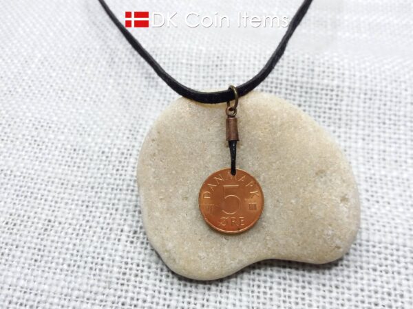 Denmark 1982 coin necklace with 42 year old Crown M initial 5 ore as coin pendant. 42nd birthday gift. Danish vintage souvenir