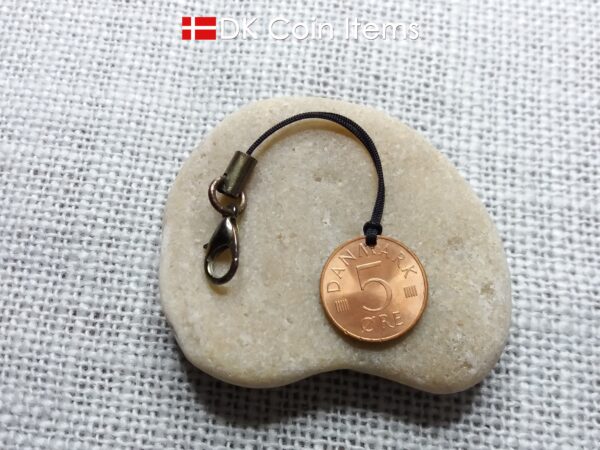 Denmark 1973 coin charm with 51 year old Crown M initial 5 ore as coin pendant. Danish vintage souvenir